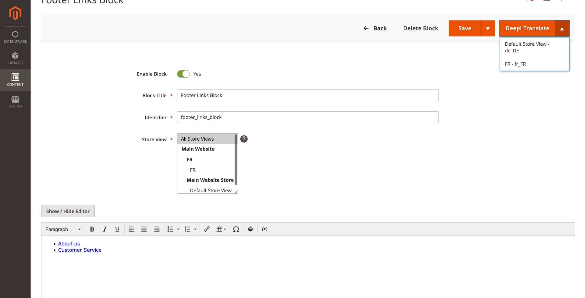 Translation of CMS blocks, also works with HTML content inside, such as navigation links.