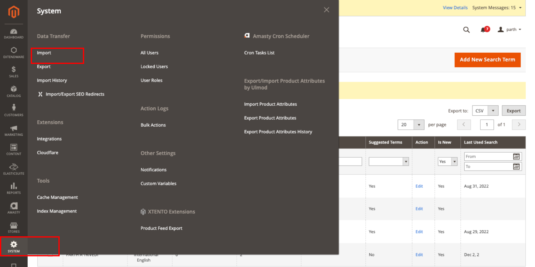 Search Insights and Improvements Extension Import Menu