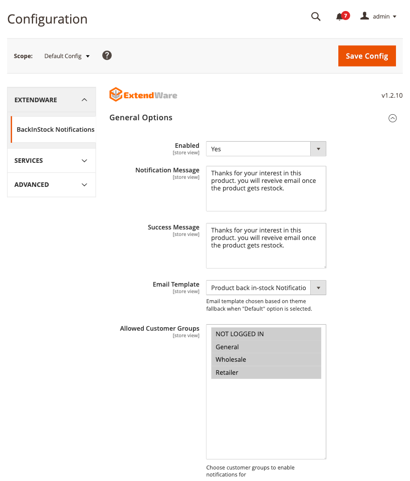 Back-In-Stock Notification Extension Store Configuration