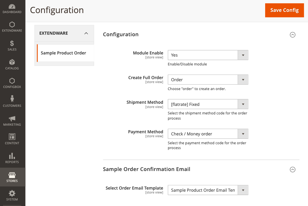 Sample Product Order Extension Configuration