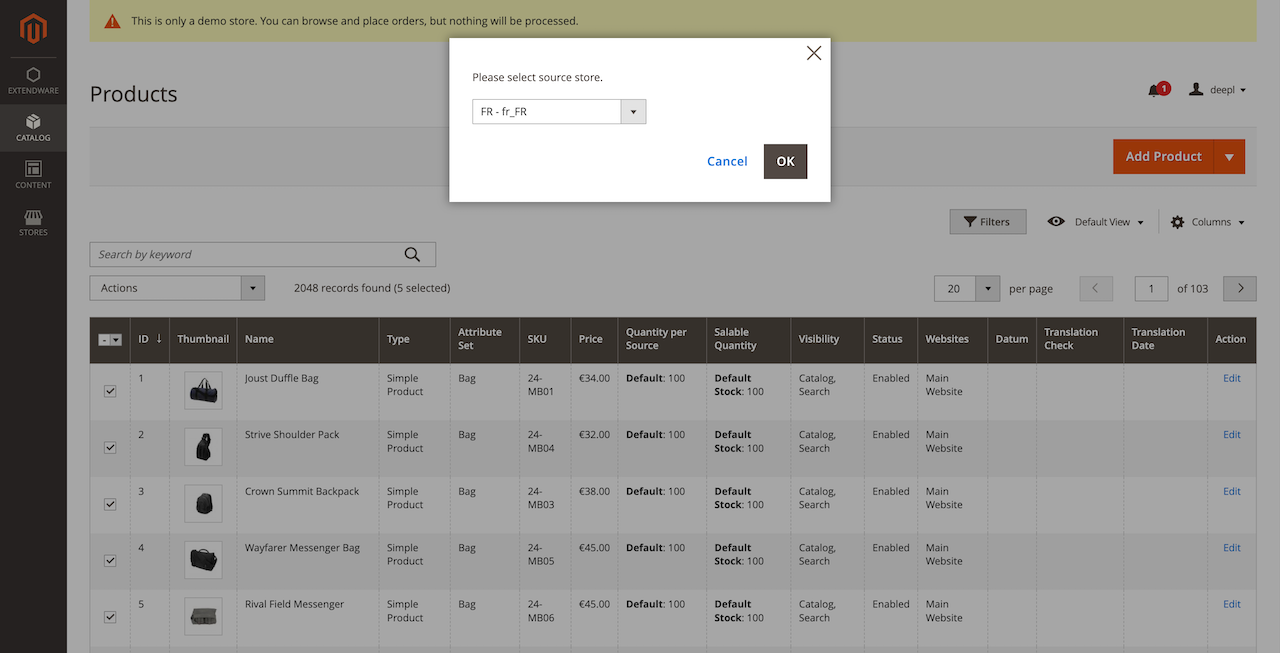 DeepL Translator for Magento: Translation Check and Translation Date shown in the product grid, offering the possibility to retranslate and filter selected products easily. DeepL Translator for Magento: Translation Check and Translation Date shown in the product grid, offering the possibility to retranslate and filter selected products easily.