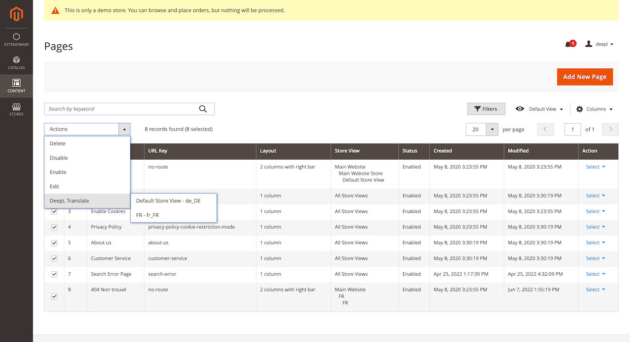 DeepL Translator for Magento: Mass translate CMS pages or CMS blocks. DeepL Translator for Magento: Mass translate CMS pages or CMS blocks.