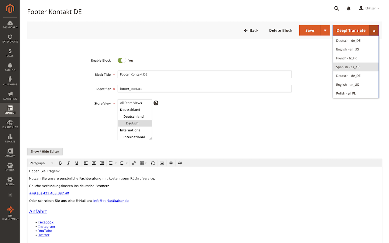 DeepL Translator for Magento: Singe translation mode. Availble everywher, picture shows CMS block. DeepL Translator for Magento: Singe translation mode. Availble everywher, picture shows CMS block.