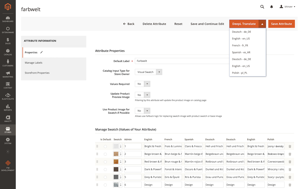 DeepL Translator for Magento: Translation of product attributes values and labels, also working with swatches.